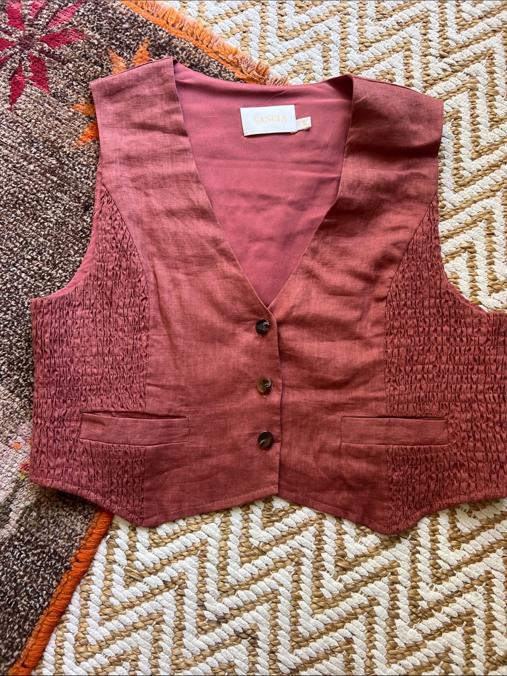 Smocked Linen-Blend Vest in Rosewood